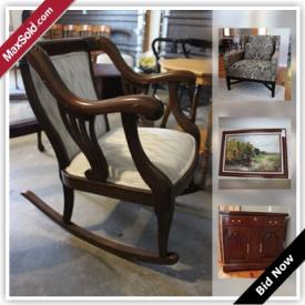 MaxSold Auction: This online auction features Wood Rocking Chair, Occasional Tables, Bernhardt Chairs, Oak Drop Leaf Table and Spoolback Chairs, Leaded Glass Display Cabinet, Birks Regency Flatware, Dansk Flatware, Wedgwood, Artwork and much more!